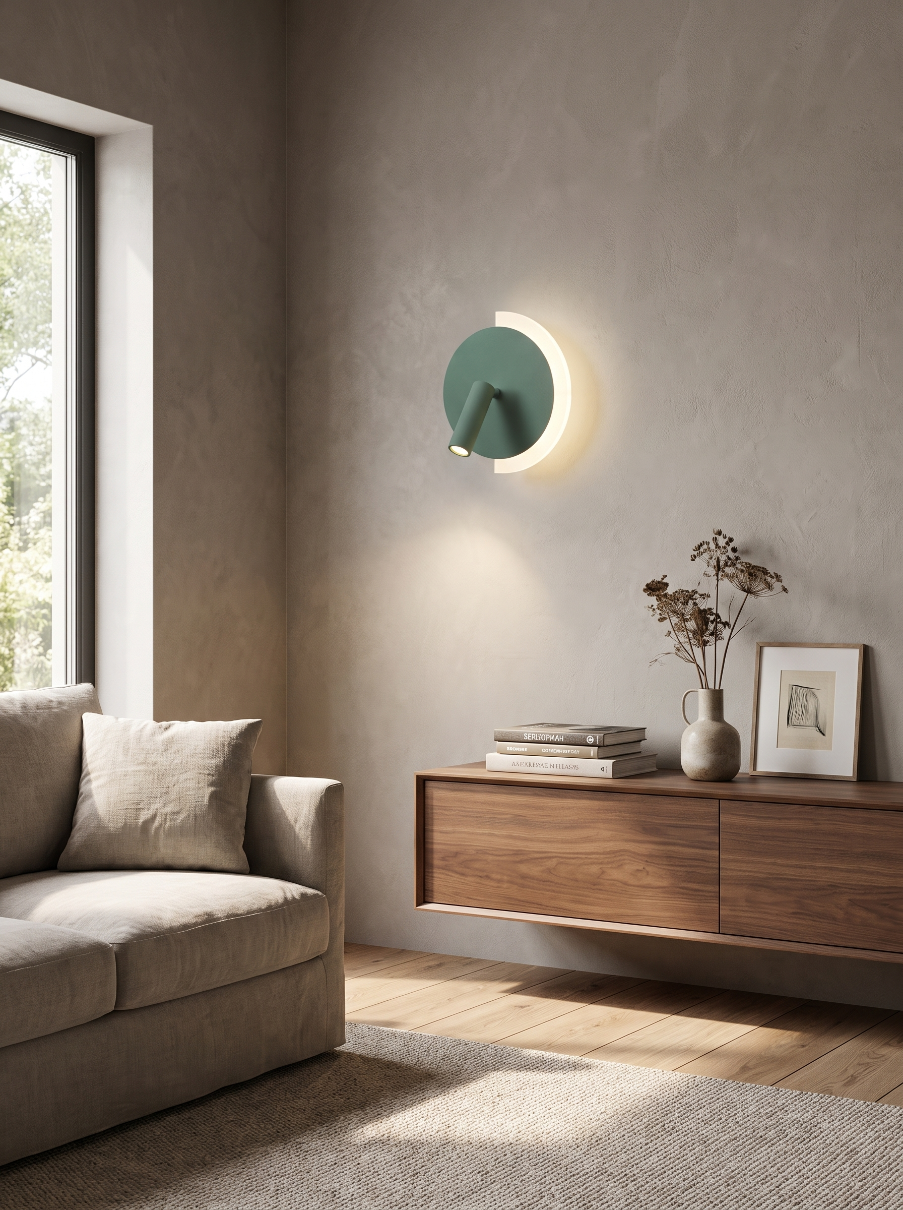 LunaSpot Wall Light in a home setting, Quiet Modern Detailing