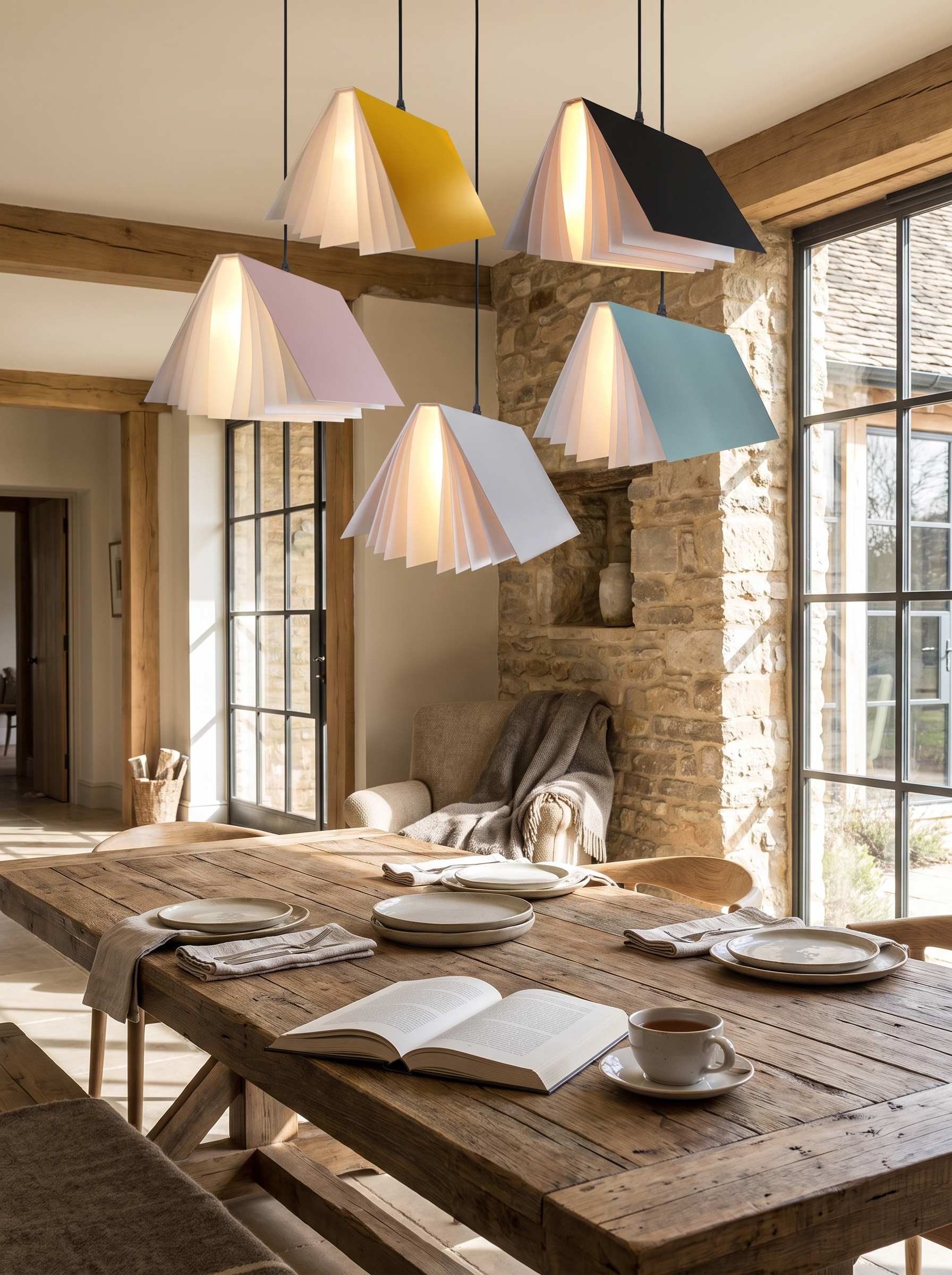 Flying Book Pendant Light in a home setting, Light Where You Eat And Read