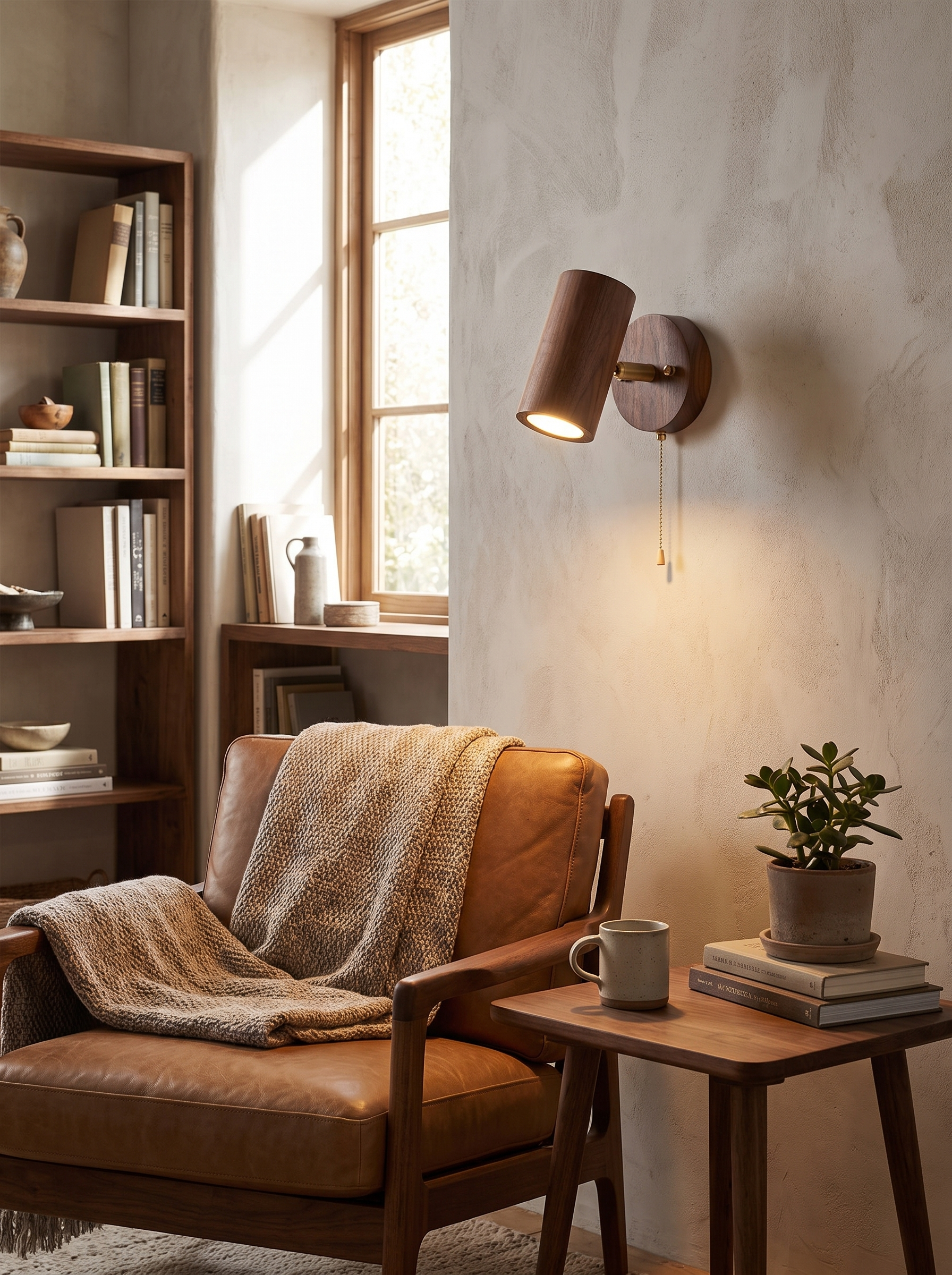 Arlo Wall Lamp in a home setting, Walnut Warmth On The Wall