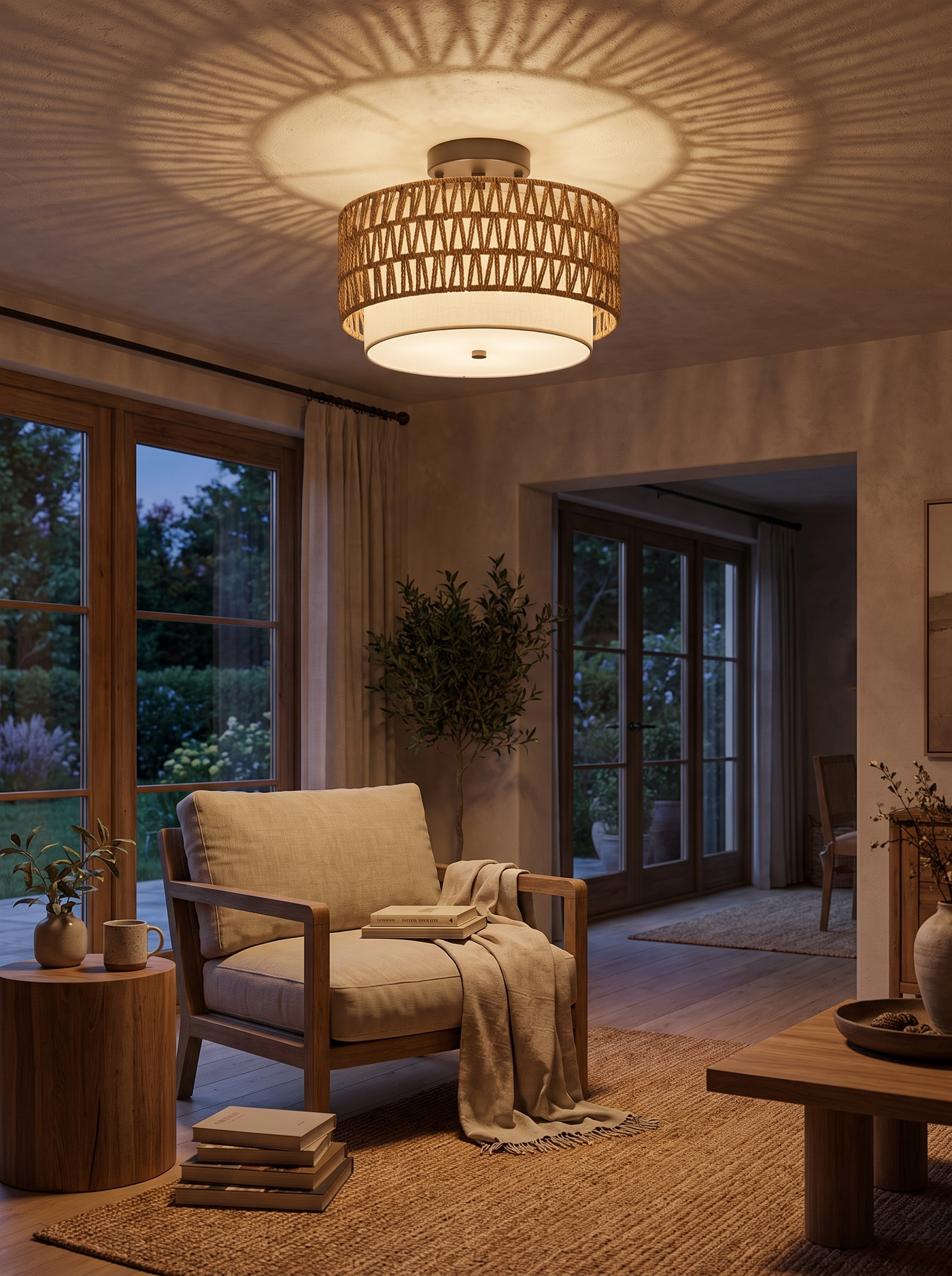 Boho Rattan Ceiling Light in a home setting, Light Through The Weave