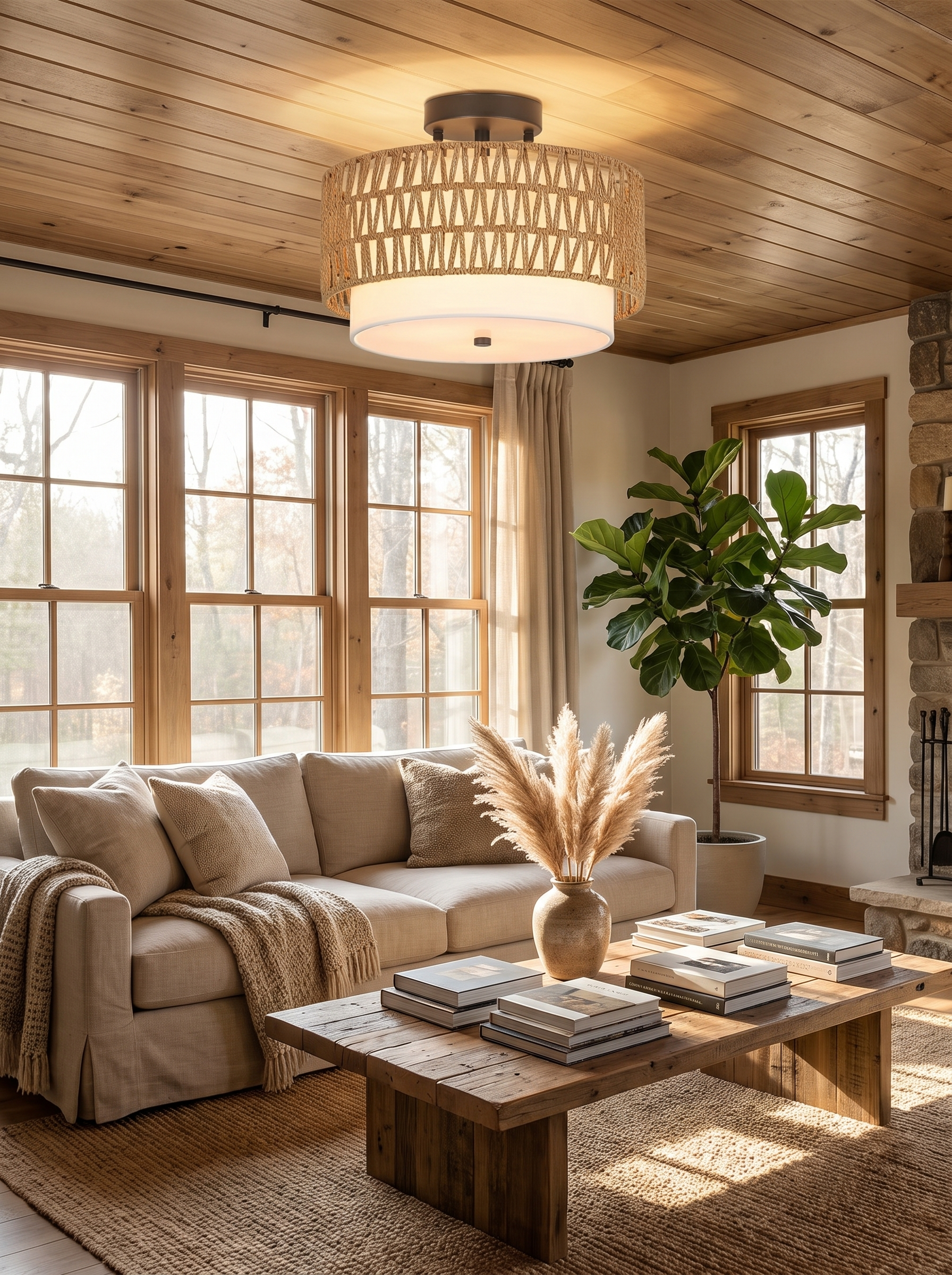 Boho Rattan Ceiling Light in a home setting, Woven By Hand