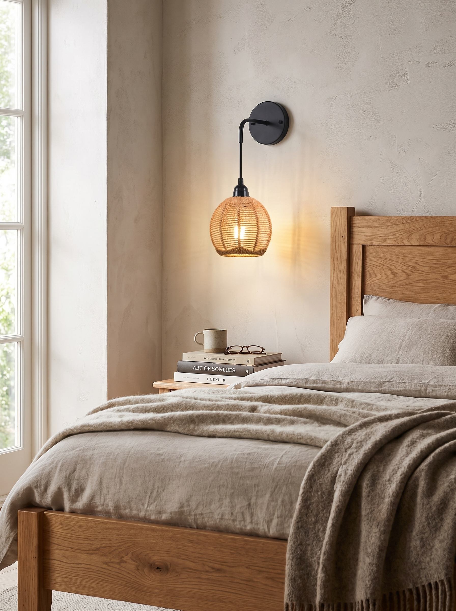 Boho Rattan Wall Lamp in a home setting, Close To The Wall