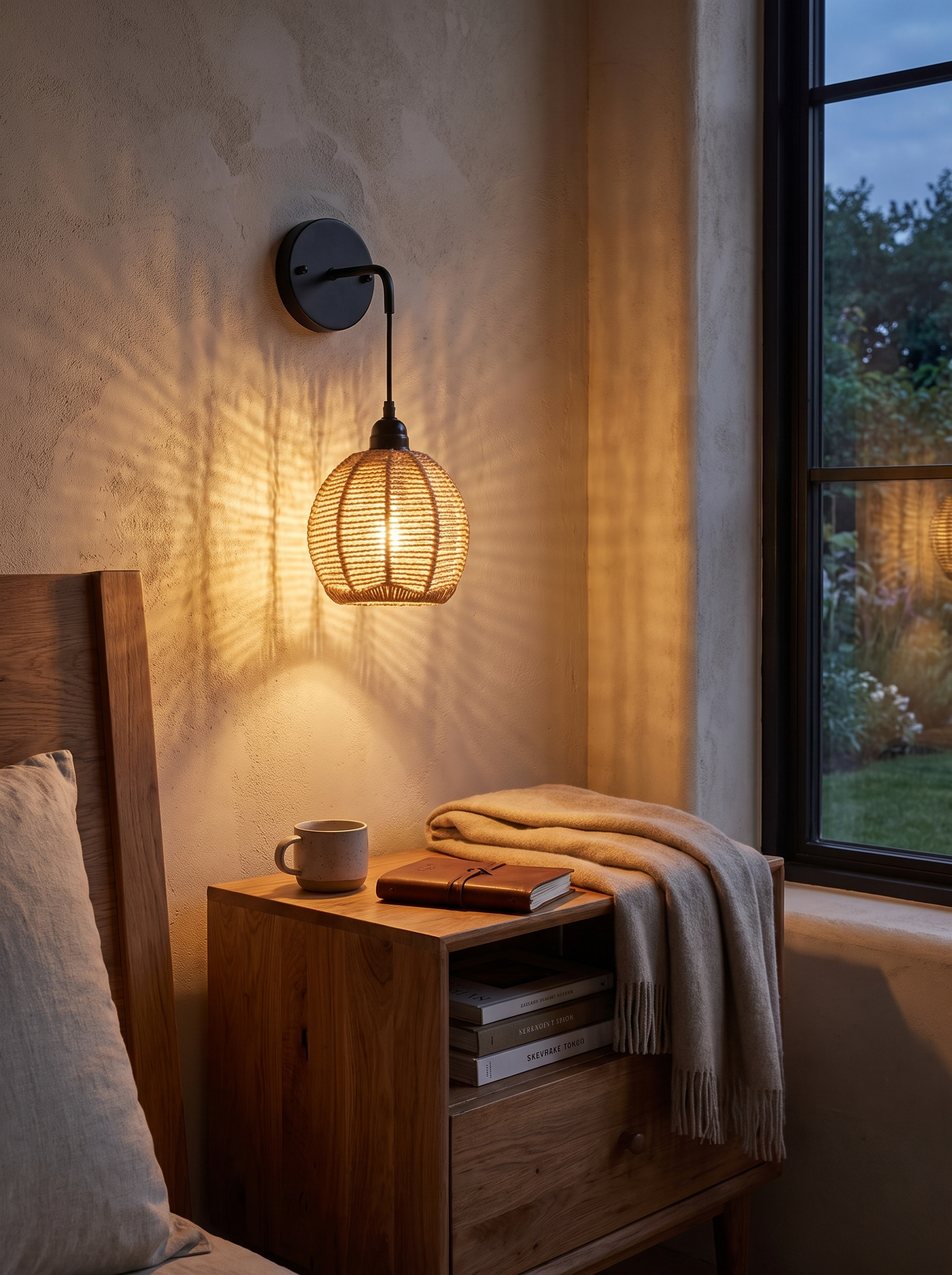Boho Rattan Wall Lamp in a home setting, Light That Draws A Pattern