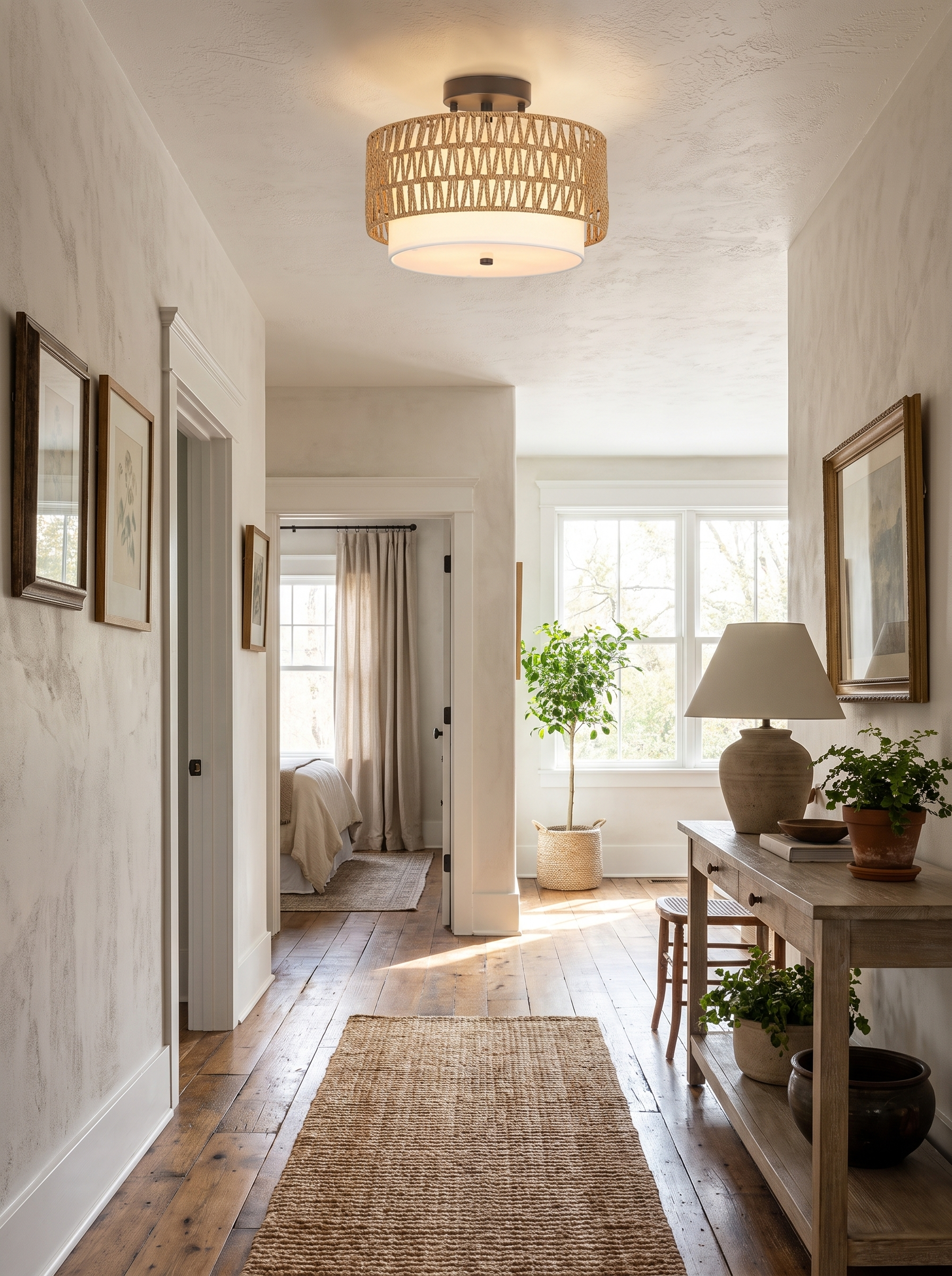 Boho Rattan Ceiling Light in a home setting, Close Overhead