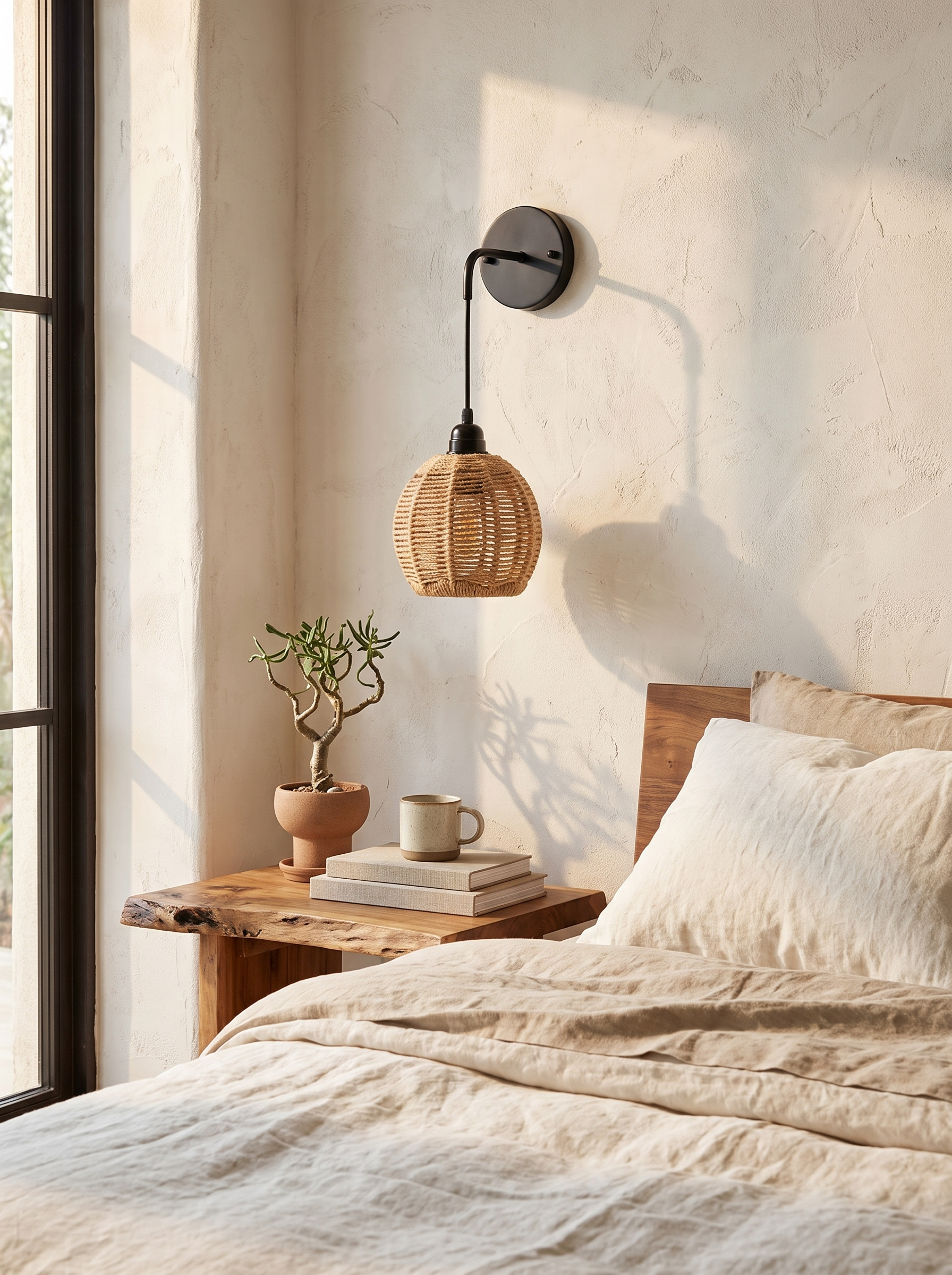 Boho Rattan Wall Lamp in a home setting, Texture Against Plain Plaster