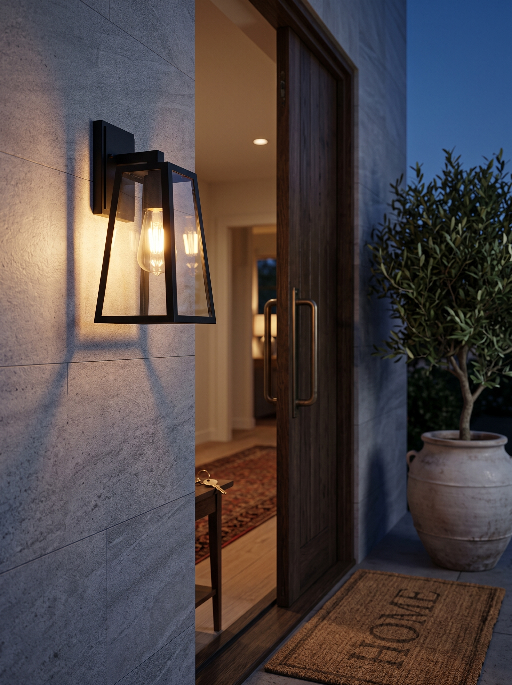 Verona Outdoor Wall Lamp in a home setting, Warm Light At The Door
