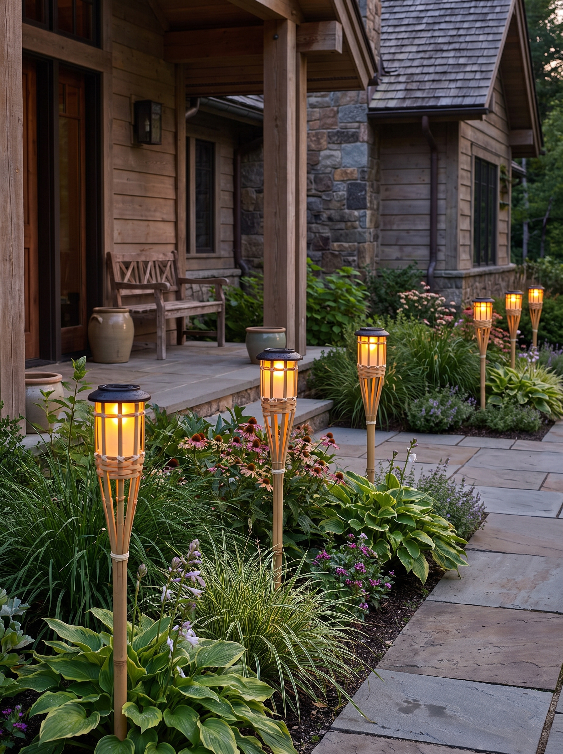 Solar Bamboo Flame Lights in a garden setting, Real Flame, No Fire