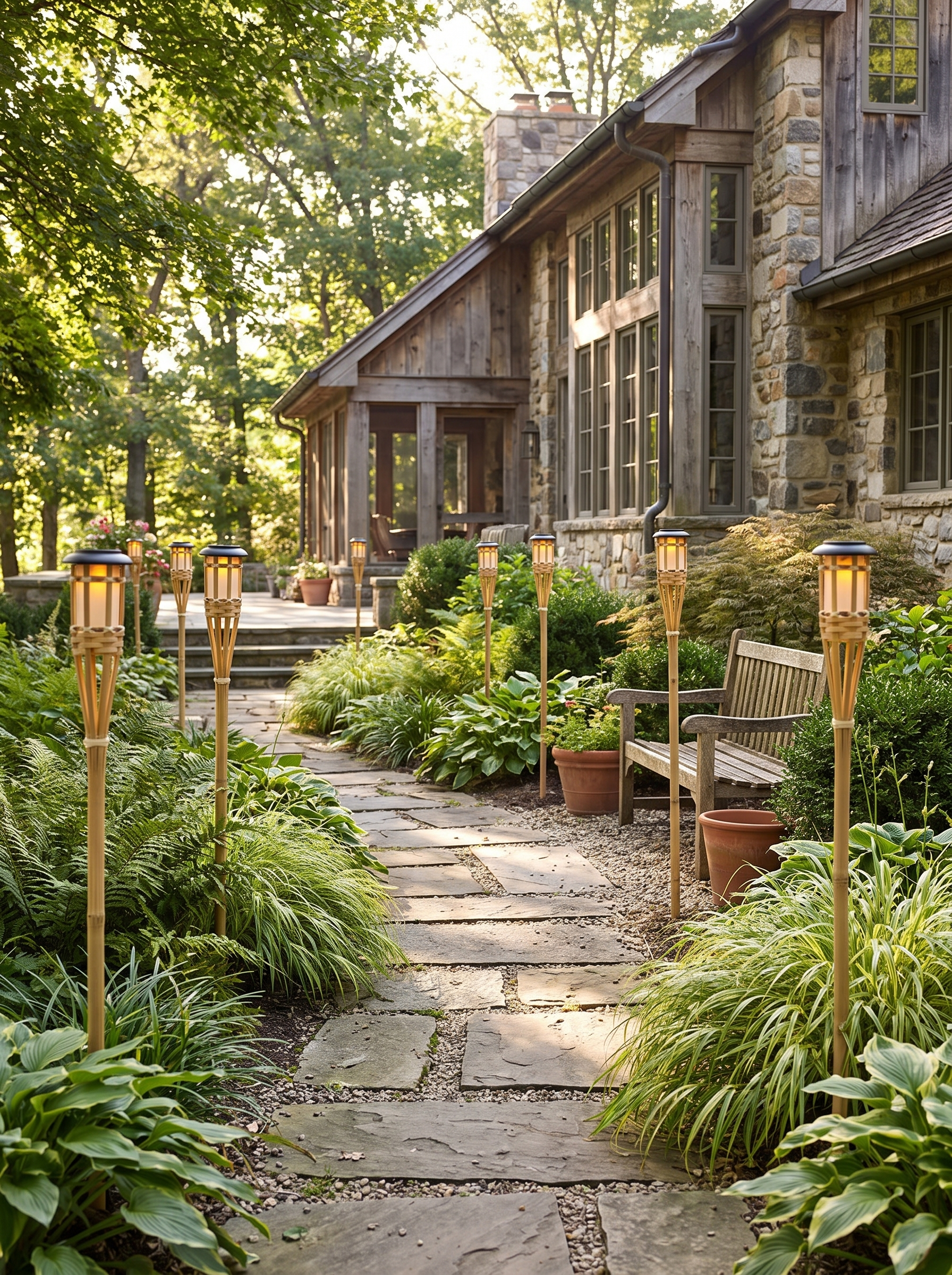 Solar Bamboo Flame Lights in a garden setting, Bamboo That Belongs Outside