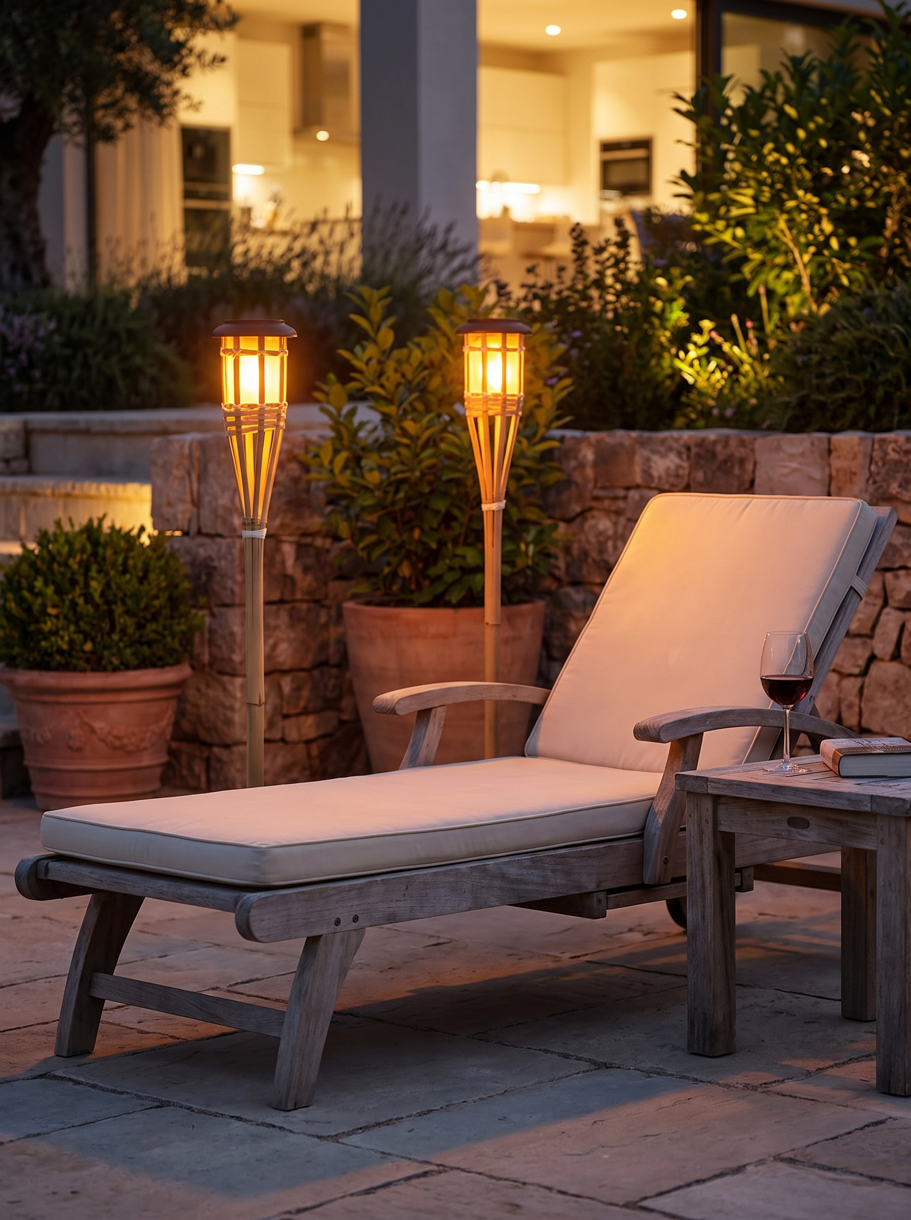 Solar Bamboo Flame Lights in a garden setting, No Wiring, No Meter