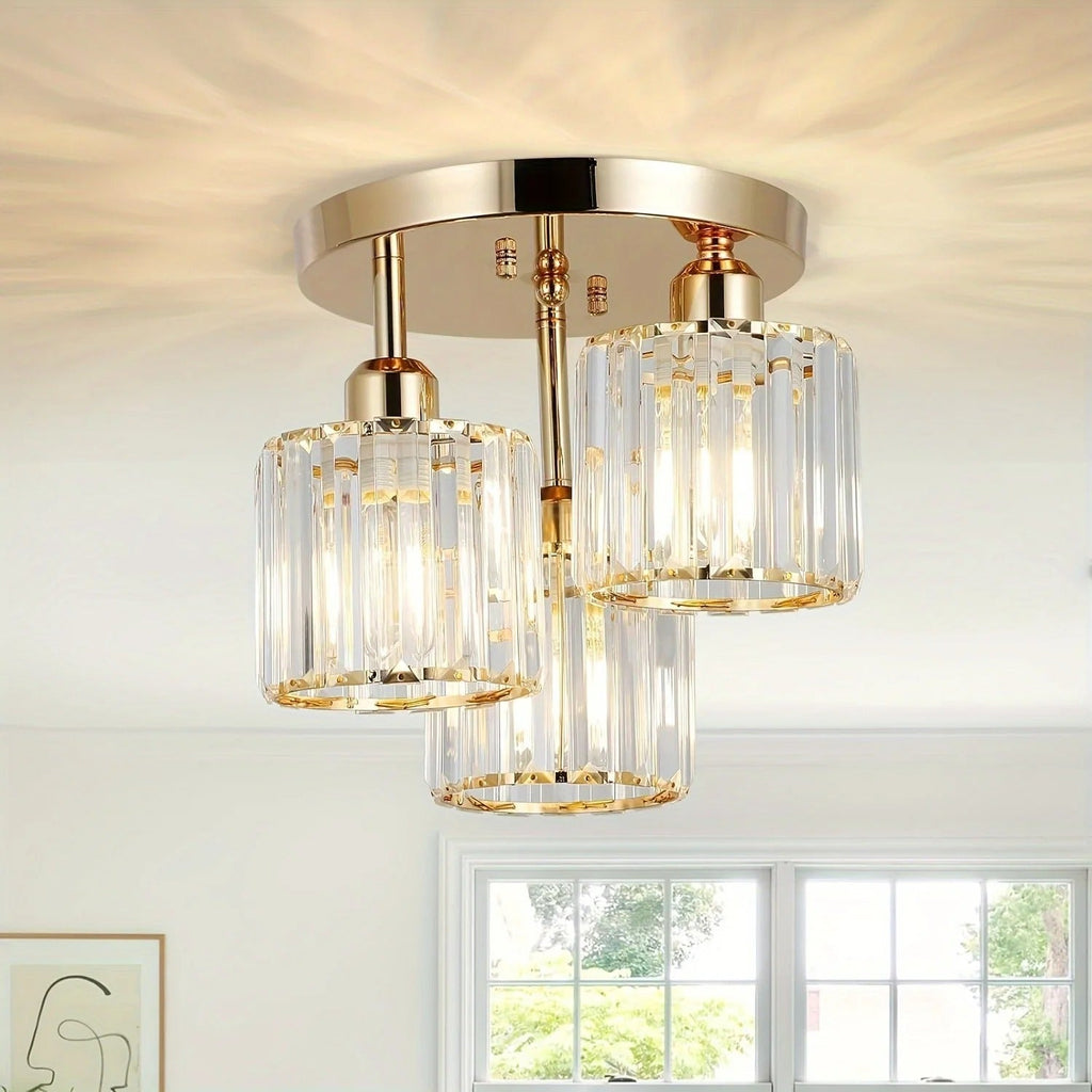 Modern Gold Luxury Crystal Ceiling Light, Minimalist Glass Semi Flush Mount Lamp for Living Room, Bedroom and Hallway