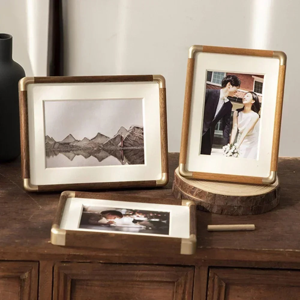 Brooks Tabletop Photo Frame, Vintage Solid Wood and Brushed Metal Picture Frame for Living Room, Bedroom and Hallway