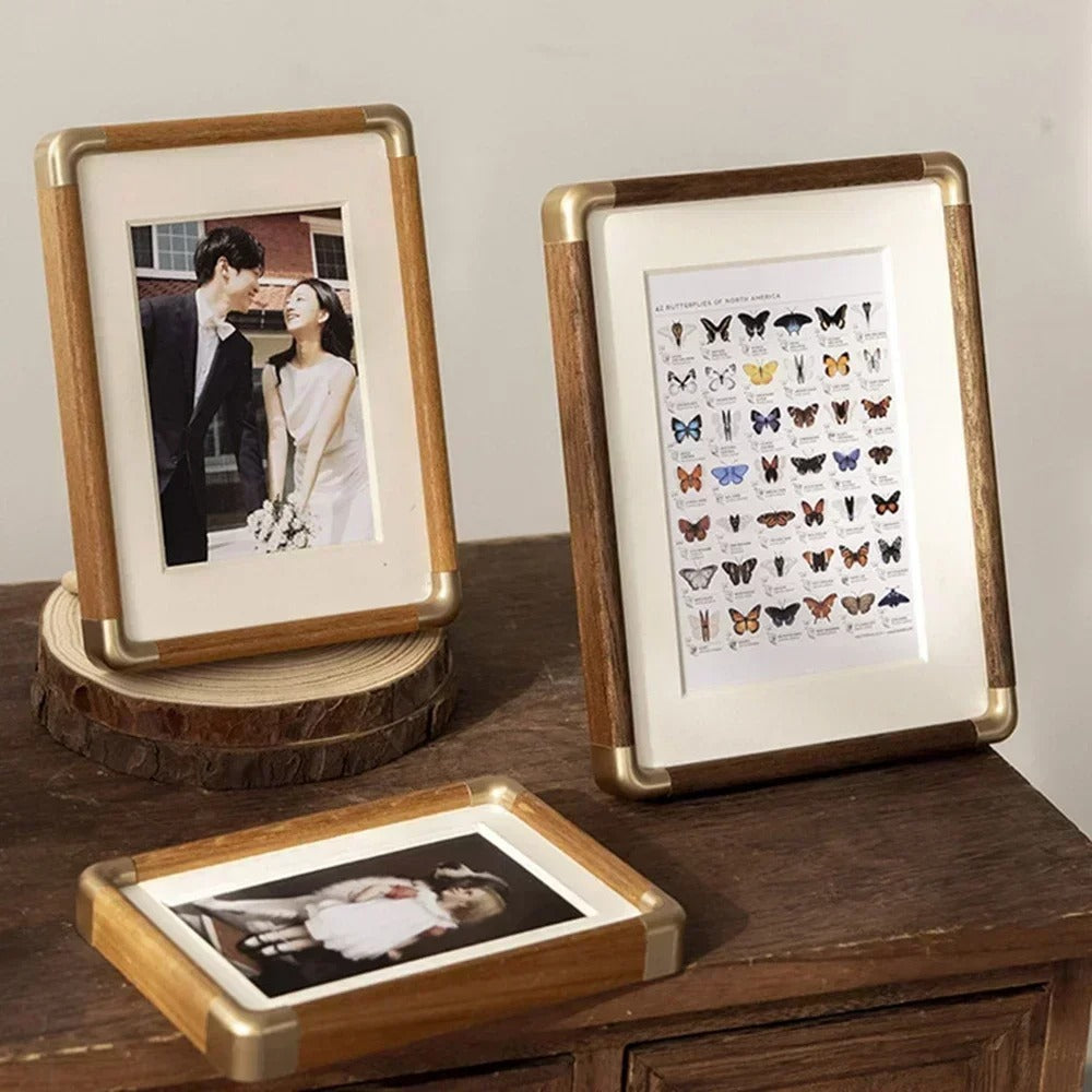 Brooks Tabletop Photo Frame, Vintage Solid Wood and Brushed Metal Picture Frame for Living Room, Bedroom and Hallway