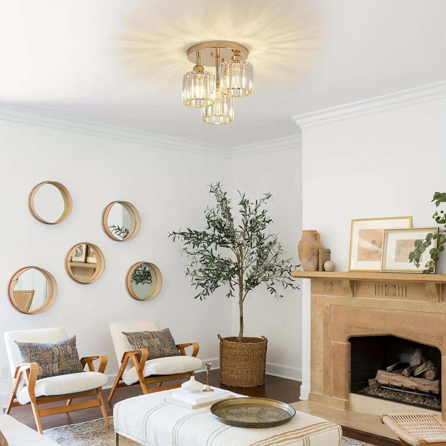 Modern Gold Luxury Crystal Ceiling Light, Minimalist Glass Semi Flush Mount Lamp for Living Room, Bedroom and Hallway