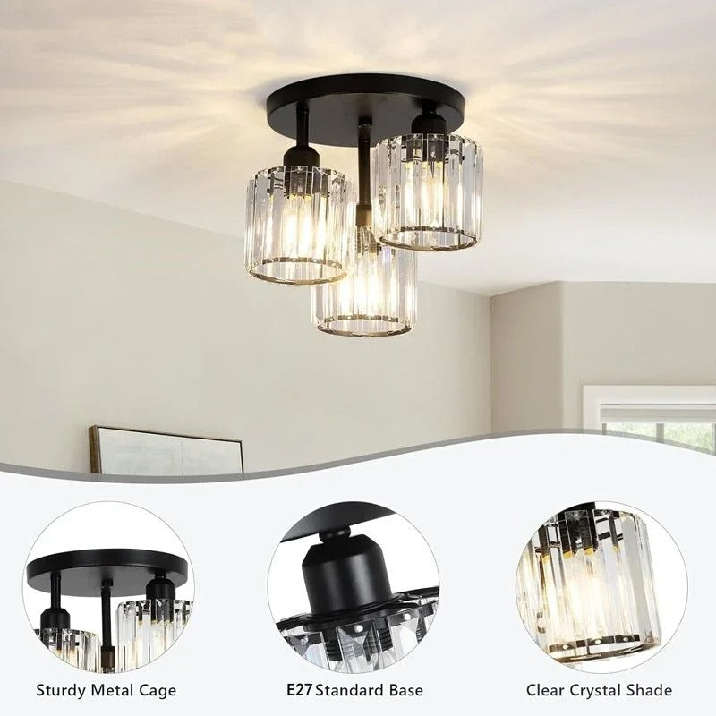 Modern Gold Luxury Crystal Ceiling Light, Minimalist Glass Semi Flush Mount Lamp for Living Room, Bedroom and Hallway