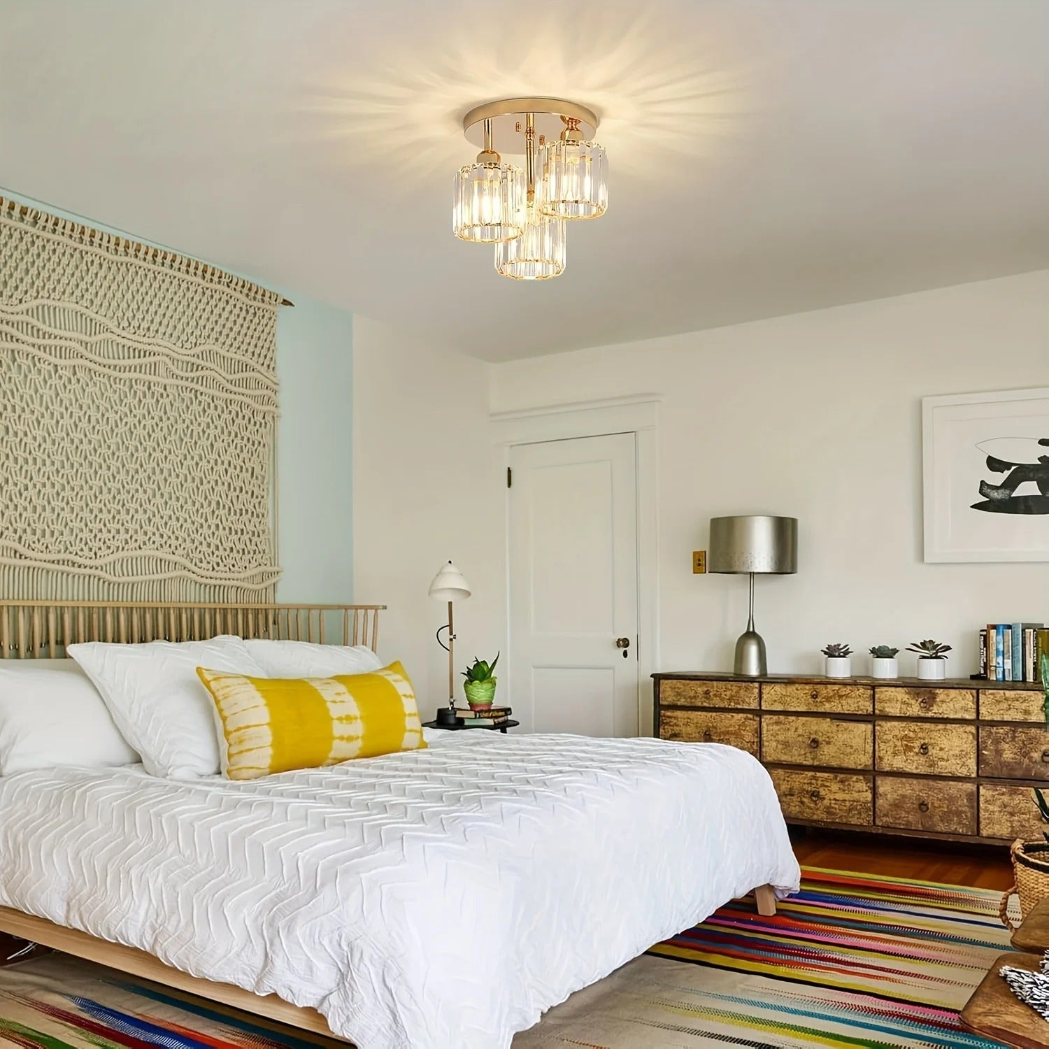 Modern Gold Luxury Crystal Ceiling Light, Minimalist Glass Semi Flush Mount Lamp for Living Room, Bedroom and Hallway