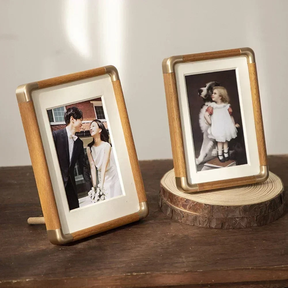 Brooks Tabletop Photo Frame, Vintage Solid Wood and Brushed Metal Picture Frame for Living Room, Bedroom and Hallway