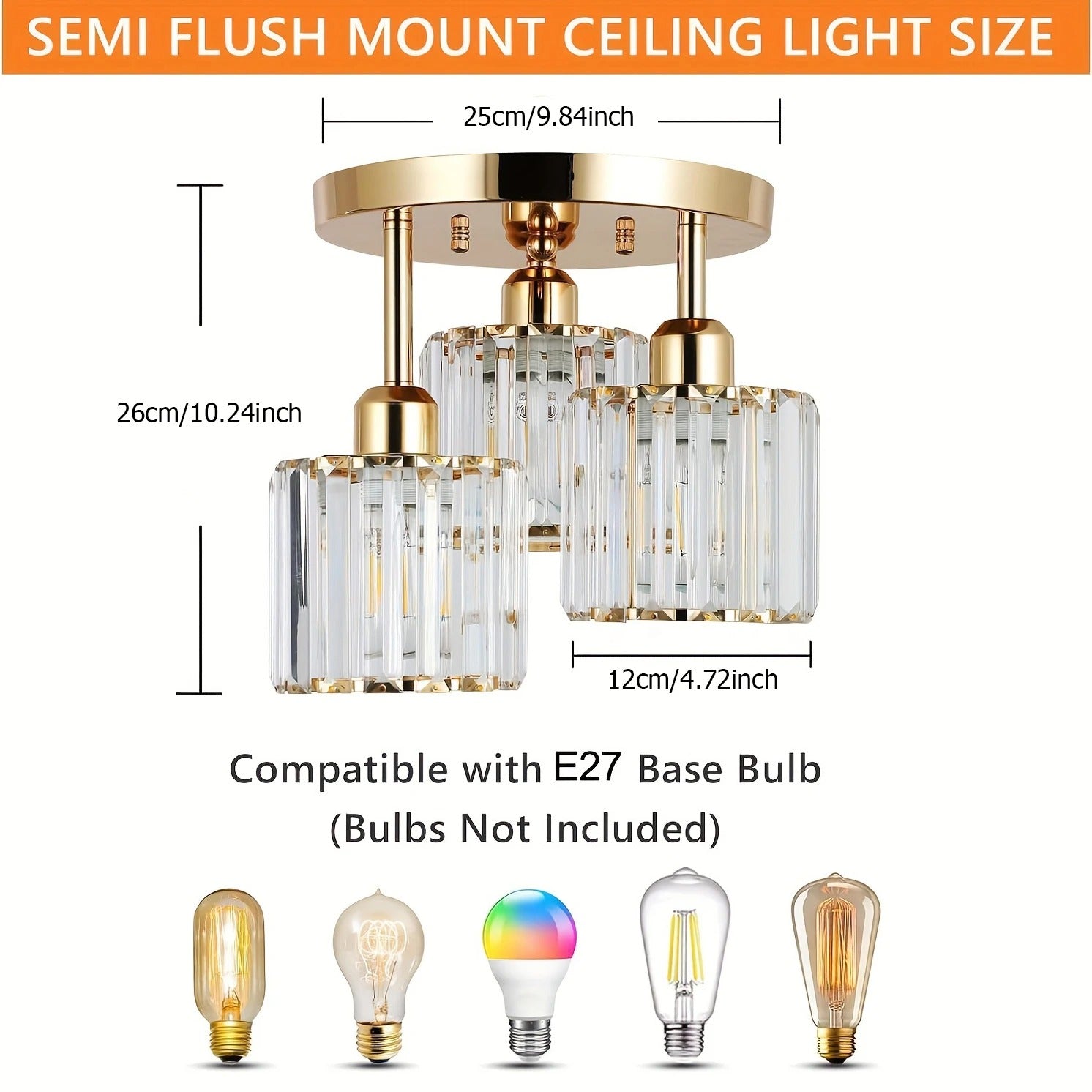 Modern Gold Luxury Crystal Ceiling Light, Minimalist Glass Semi Flush Mount Lamp for Living Room, Bedroom and Hallway