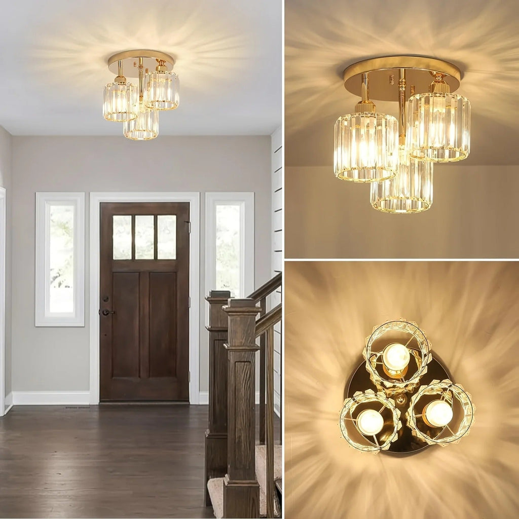 Modern Gold Luxury Crystal Ceiling Light, Minimalist Glass Semi Flush Mount Lamp for Living Room, Bedroom and Hallway