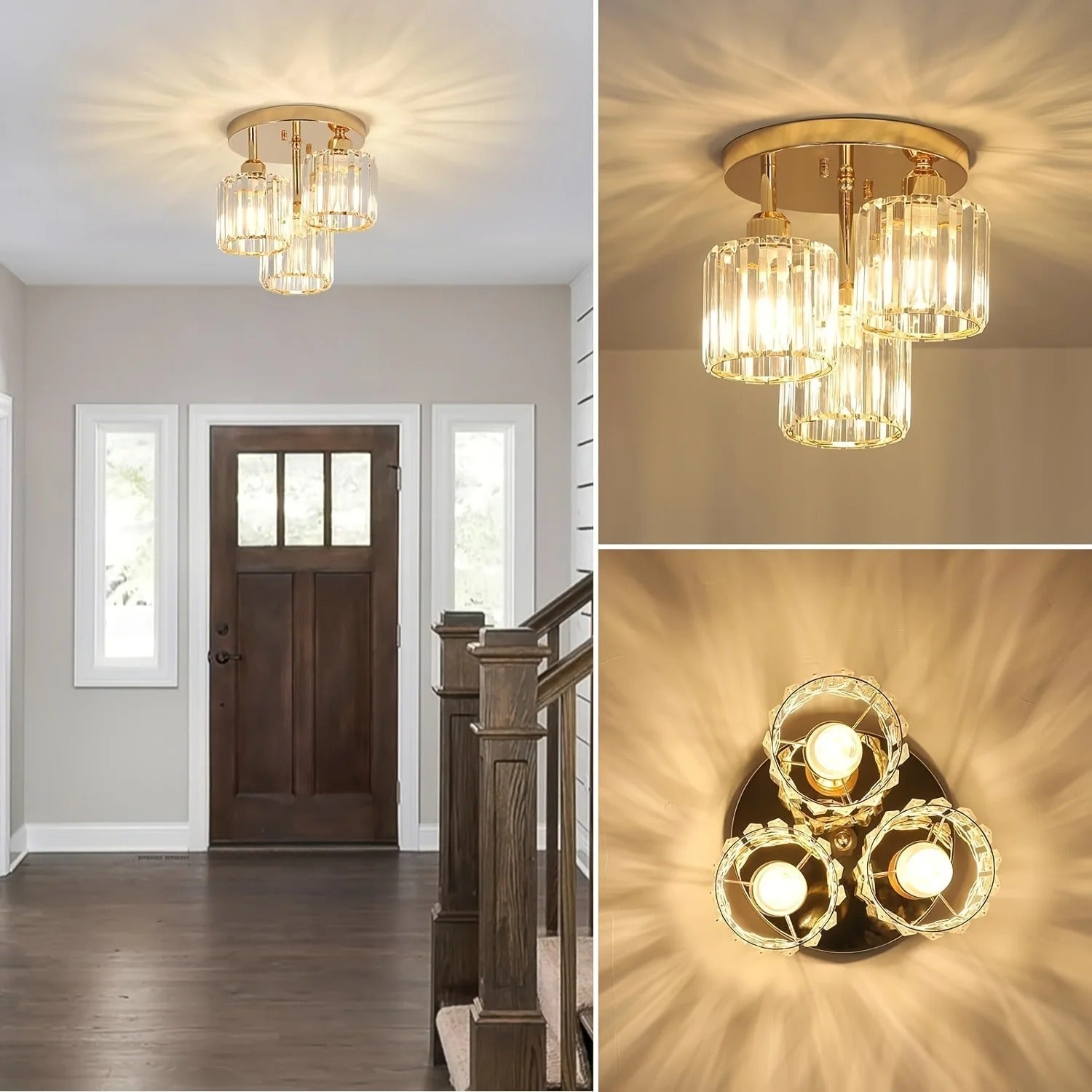 Modern Gold Luxury Crystal Ceiling Light, Minimalist Glass Semi Flush Mount Lamp for Living Room, Bedroom and Hallway