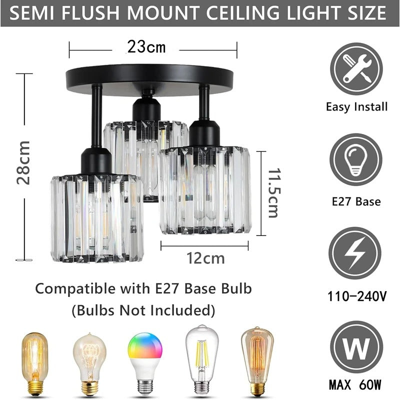 Modern Gold Luxury Crystal Ceiling Light, Minimalist Glass Semi Flush Mount Lamp for Living Room, Bedroom and Hallway
