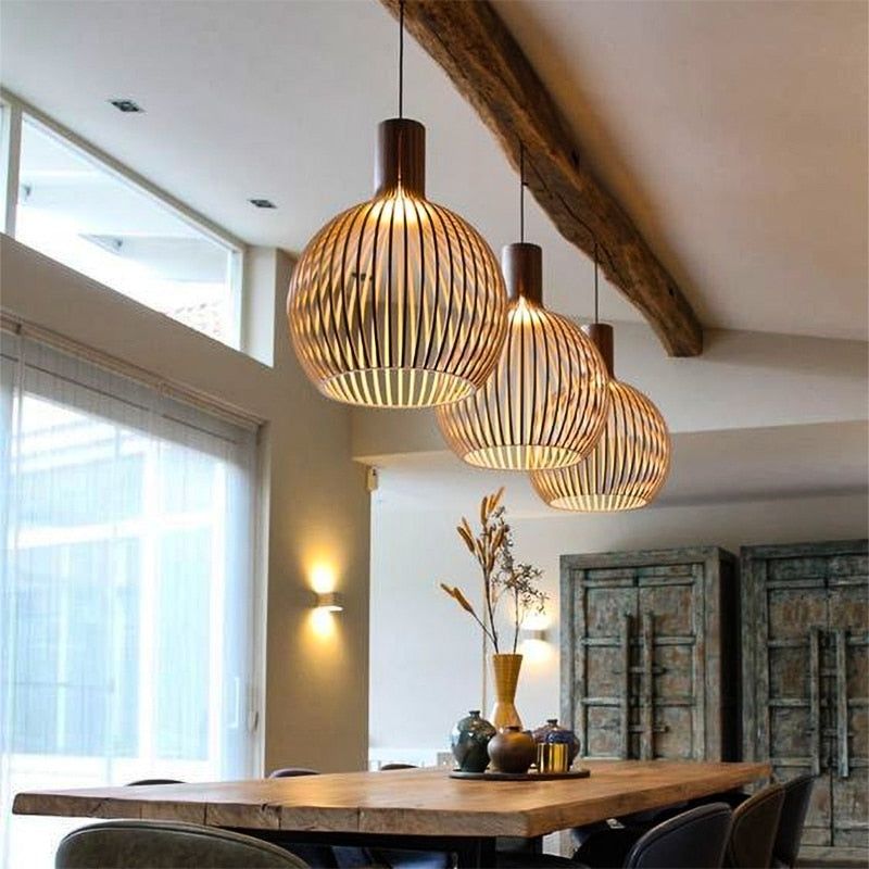 Handcrafted Wooden Pendant Light, Scandinavian Solid Wood Ceiling Light, Hanging Lamp for Dining Room, Living Room and Hallway