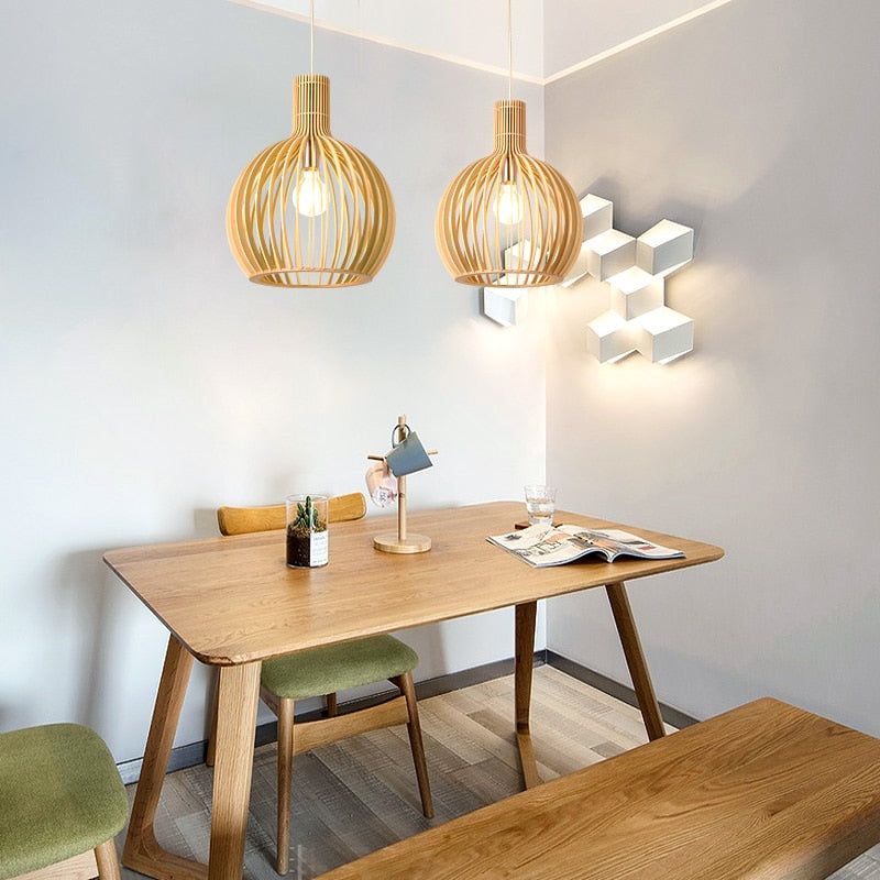 Handcrafted Wooden Pendant Light, Scandinavian Solid Wood Ceiling Light, Hanging Lamp for Dining Room, Living Room and Hallway