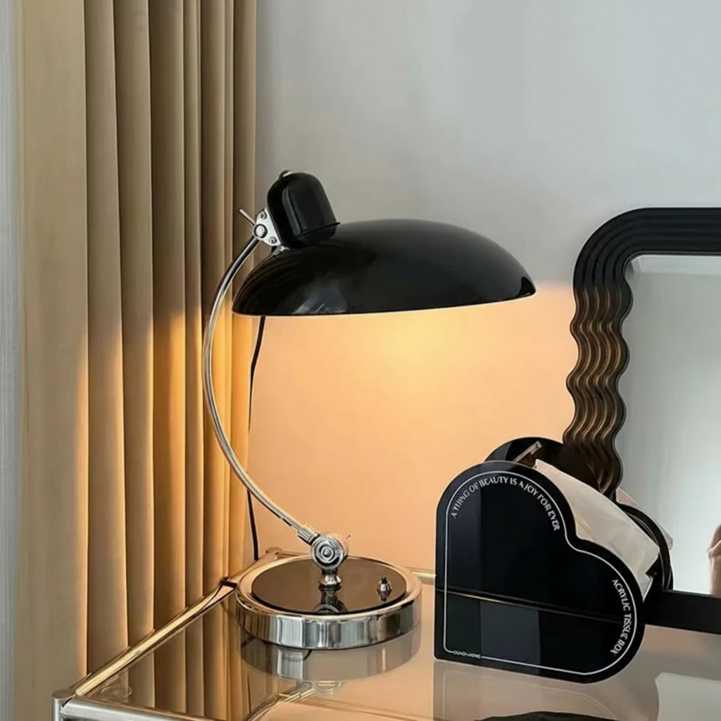 ScandiArc Table Lamp, Scandinavian Brushed Metal Curved Desk Lamp, Arc Accent Light for Home Office, Study and Living Room