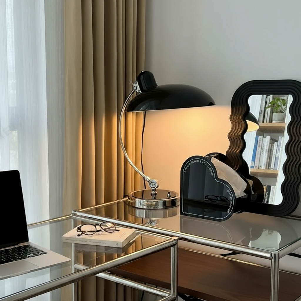 ScandiArc Table Lamp, Scandinavian Brushed Metal Curved Desk Lamp, Arc Accent Light for Home Office, Study and Living Room