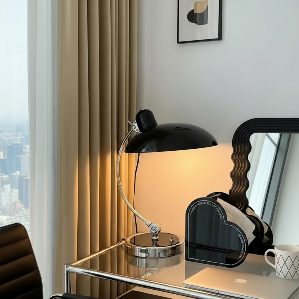 ScandiArc Table Lamp, Scandinavian Brushed Metal Curved Desk Lamp, Arc Accent Light for Home Office, Study and Living Room