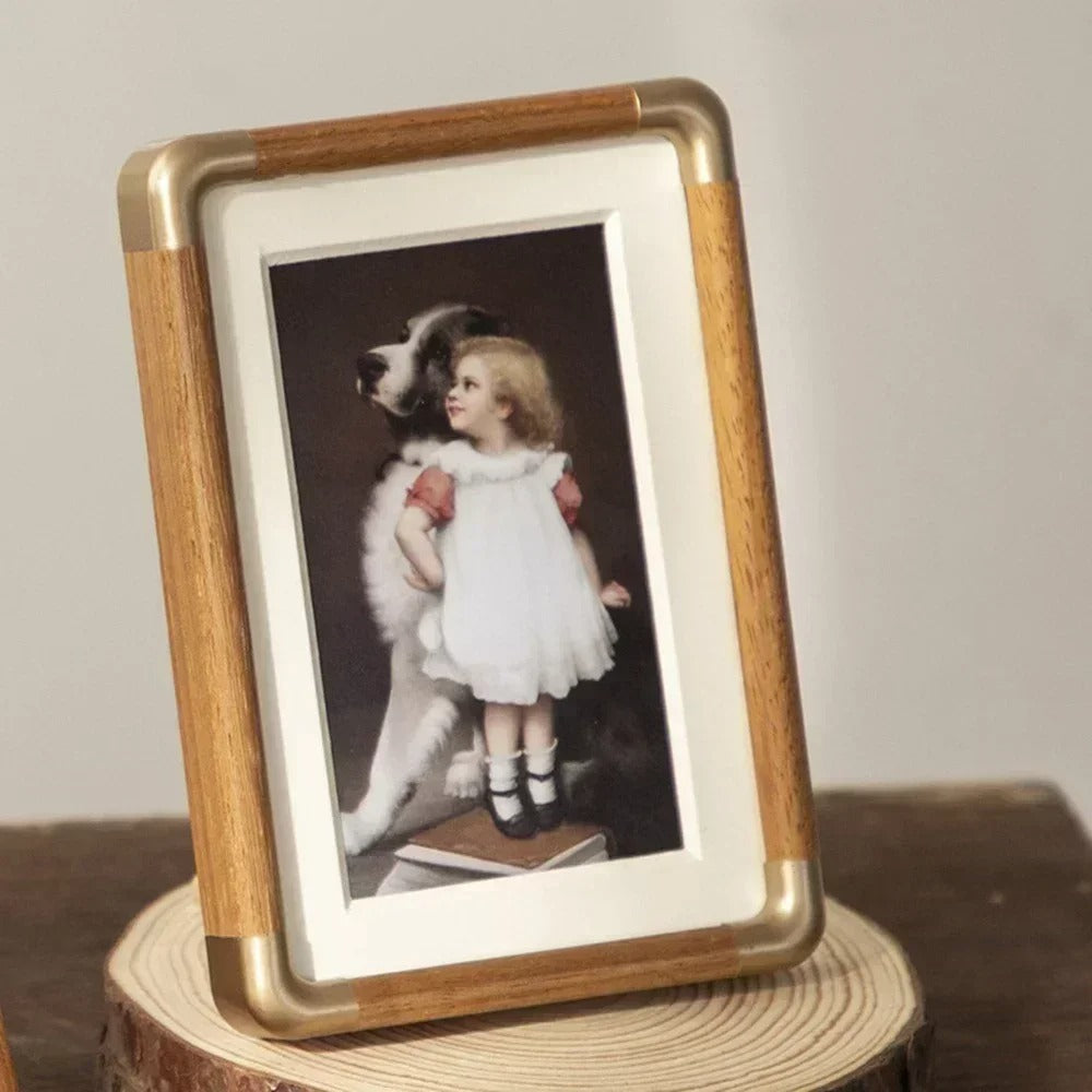 Brooks Tabletop Photo Frame, Vintage Solid Wood and Brushed Metal Picture Frame for Living Room, Bedroom and Hallway